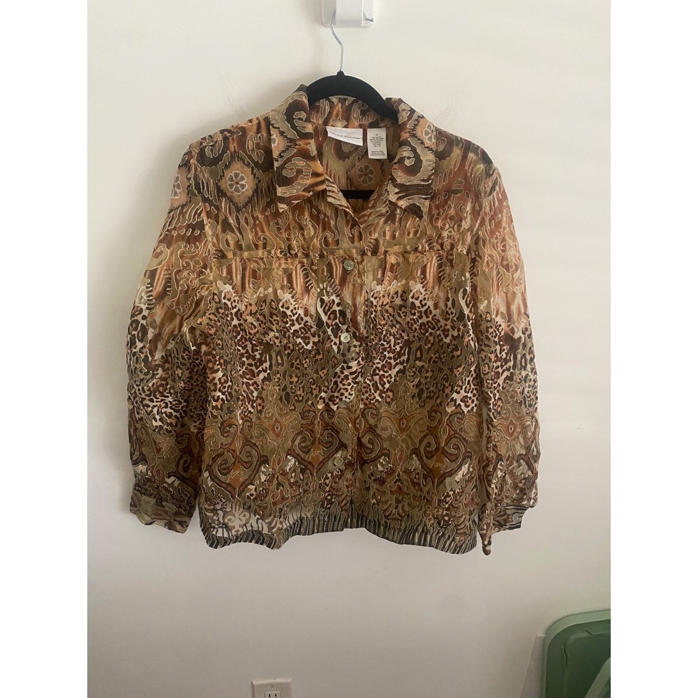 Alfred Dunner Women 14 Mixed Print Leopard Paisley Sheer Mesh Button Up Shirt